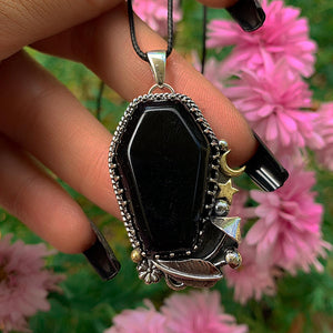 Black Onyx Coffin Pendant - Triple Goddess - Sterling Silver - Halloween Jewelry - Crescent Moon & Star, Witch Gothic Toadstool Necklace