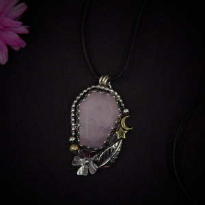 Rose Quartz Coffin Pendant - Sterling Silver - Halloween Jewelry - Crescent Moon & Star - Witch Gothic Flower Leaf - Wiccan Romantic OOAK