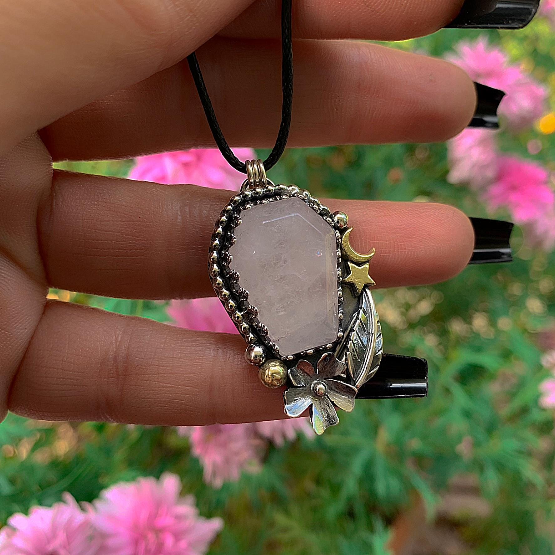 Rose Quartz Coffin Pendant - Sterling Silver - Halloween Jewelry - Crescent Moon & Star - Witch Gothic Flower Leaf - Wiccan Romantic OOAK