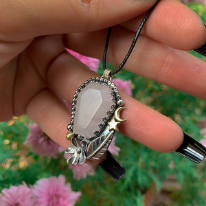Rose Quartz Coffin Pendant - Sterling Silver - Halloween Jewelry - Crescent Moon & Star - Witch Gothic Flower Leaf - Wiccan Romantic OOAK