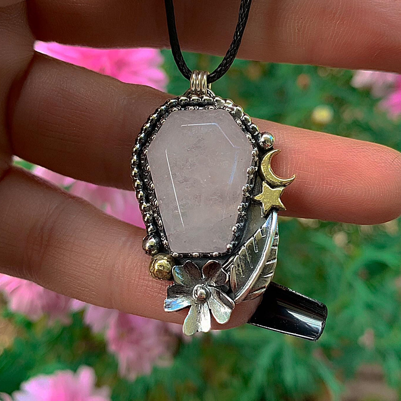 Rose Quartz Coffin Pendant - Sterling Silver - Halloween Jewelry - Crescent Moon & Star - Witch Gothic Flower Leaf - Wiccan Romantic OOAK