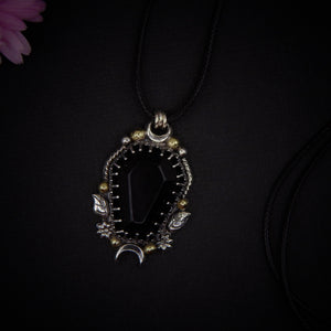 Black Onyx Coffin Pendant - Sterling Silver - Halloween Jewelry - Crescent Moon & Bat - Witch Gothic Leaf and Flower - Mixed Metal Wiccan