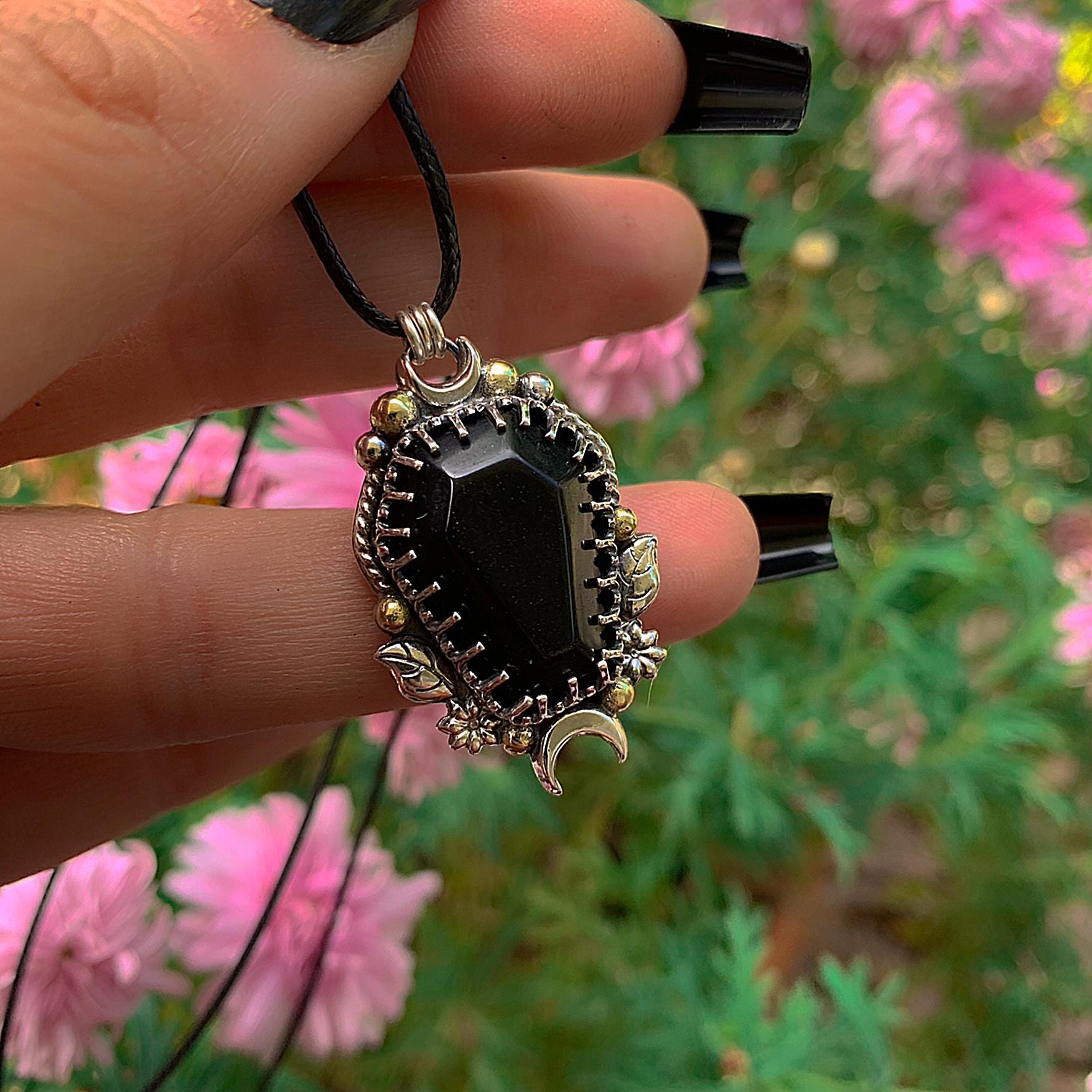 Black Onyx Coffin Pendant - Sterling Silver - Halloween Jewelry - Crescent Moon & Bat - Witch Gothic Leaf and Flower - Mixed Metal Wiccan