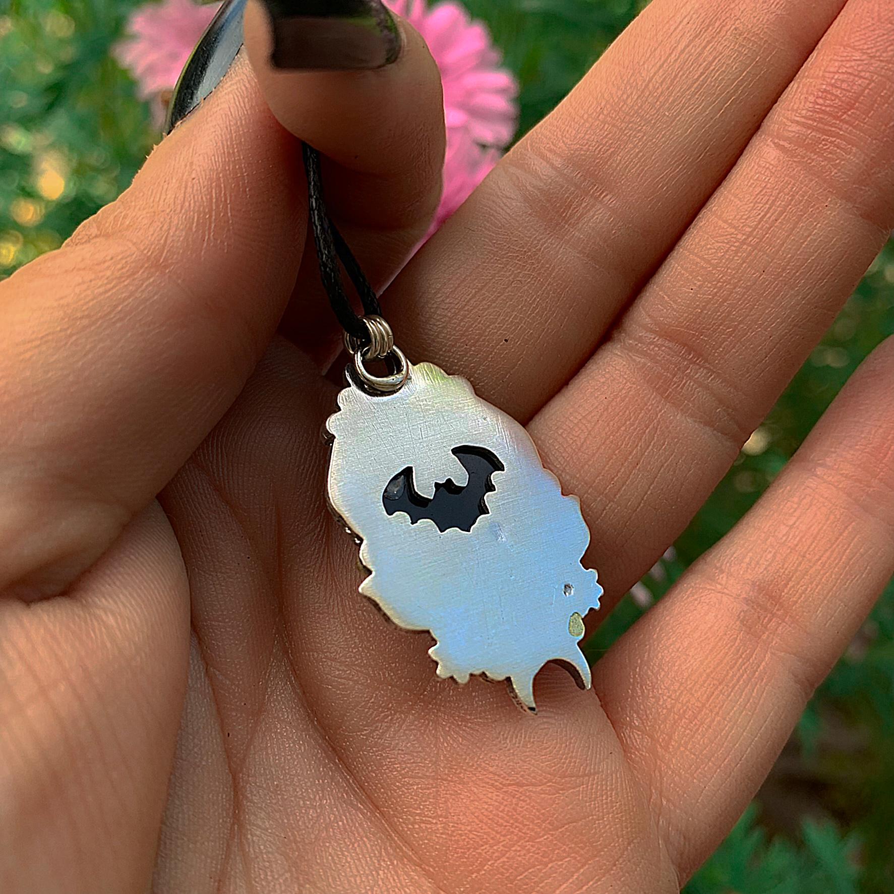 Black Onyx Coffin Pendant - Sterling Silver - Halloween Jewelry - Crescent Moon & Bat - Witch Gothic Leaf and Flower - Mixed Metal Wiccan