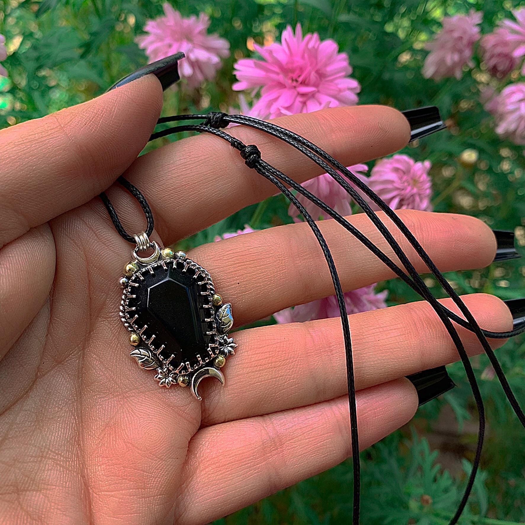 Black Onyx Coffin Pendant - Sterling Silver - Halloween Jewelry - Crescent Moon & Bat - Witch Gothic Leaf and Flower - Mixed Metal Wiccan