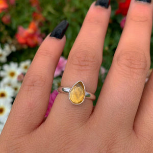 Rose Cut Citrine Ring - Size 6 - Sterling Silver - Faceted Citrine Jewelry - Yellow Citrine Jewellery - Teardrop Citrine Thick Band Ring