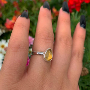 Rose Cut Citrine Ring - Size 6 - Sterling Silver - Faceted Citrine Jewelry - Yellow Citrine Jewellery - Teardrop Citrine Thick Band Ring