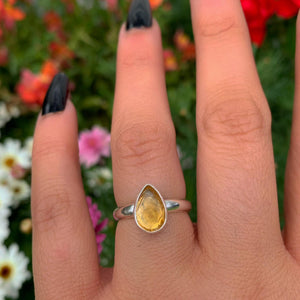 Rose Cut Citrine Ring - Size 6 - Sterling Silver - Faceted Citrine Jewelry - Yellow Citrine Jewellery - Teardrop Citrine Thick Band Ring