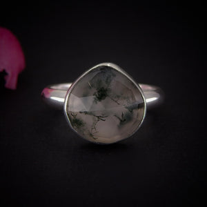 Rose Cut Moss Agate Ring - Size 7- Sterling Silver - Teardrop Moss Agate Jewelry - Faceted Leaf Ring - Forest Tree Agate Thick Ring Band