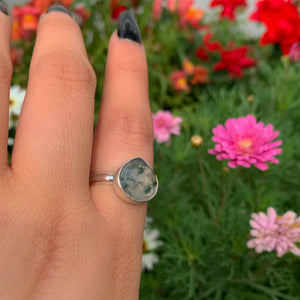 Rose Cut Moss Agate Ring - Size 7- Sterling Silver - Teardrop Moss Agate Jewelry - Faceted Leaf Ring - Forest Tree Agate Thick Ring Band