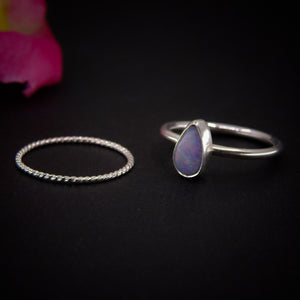 Australian Opal Ring Set - Size 5 - Sterling Silver - Lightning Ridge Opal Jewelry - Dainty Blue Teardrop Opal Stacking Rings Stack