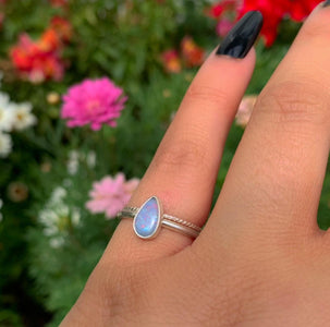 Australian Opal Ring Set - Size 5 - Sterling Silver - Lightning Ridge Opal Jewelry - Dainty Blue Teardrop Opal Stacking Rings Stack