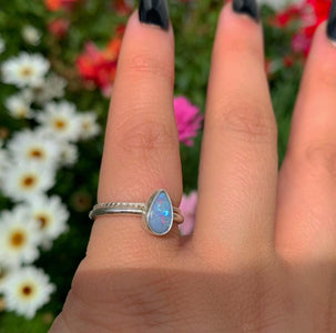 Australian Opal Ring Set - Size 5 - Sterling Silver - Lightning Ridge Opal Jewelry - Dainty Blue Teardrop Opal Stacking Rings Stack