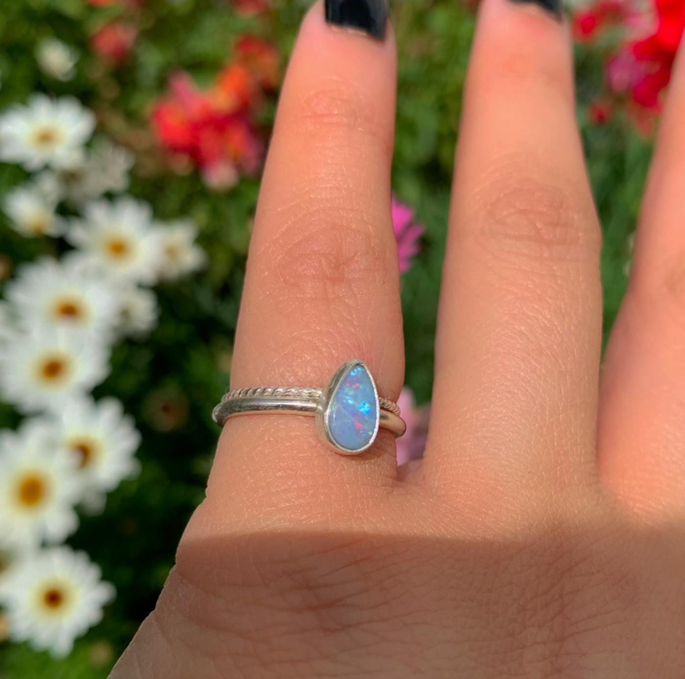 Australian Opal Ring Set - Size 5 - Sterling Silver - Lightning Ridge Opal Jewelry - Dainty Blue Teardrop Opal Stacking Rings Stack