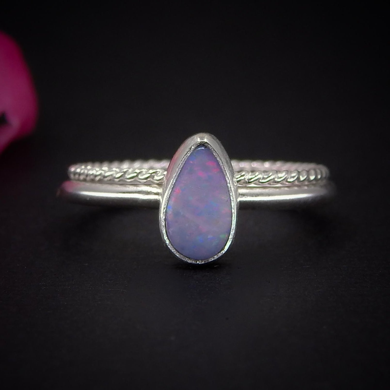 Australian Opal Ring Set - Size 5 - Sterling Silver - Lightning Ridge Opal Jewelry - Dainty Blue Teardrop Opal Stacking Rings Stack