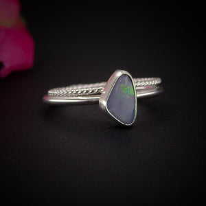 Australian Opal Ring Set - Size 7 1/2 to 7 3/4 - Sterling Silver - Lightning Ridge Opal Jewelry - Dainty Blue Opal Stacking Rings Stack