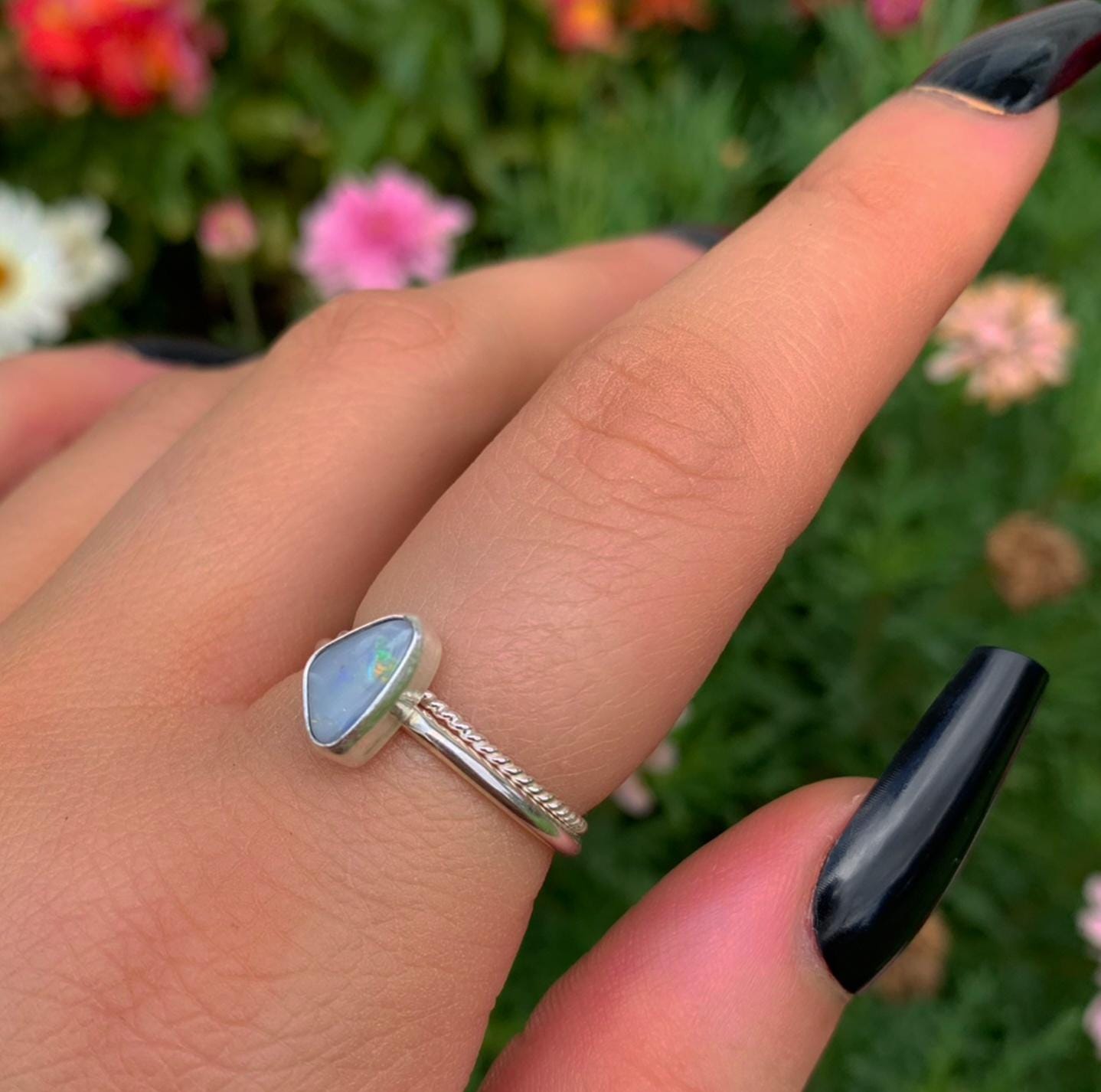 Australian Opal Ring Set - Size 7 1/2 to 7 3/4 - Sterling Silver - Lightning Ridge Opal Jewelry - Dainty Blue Opal Stacking Rings Stack