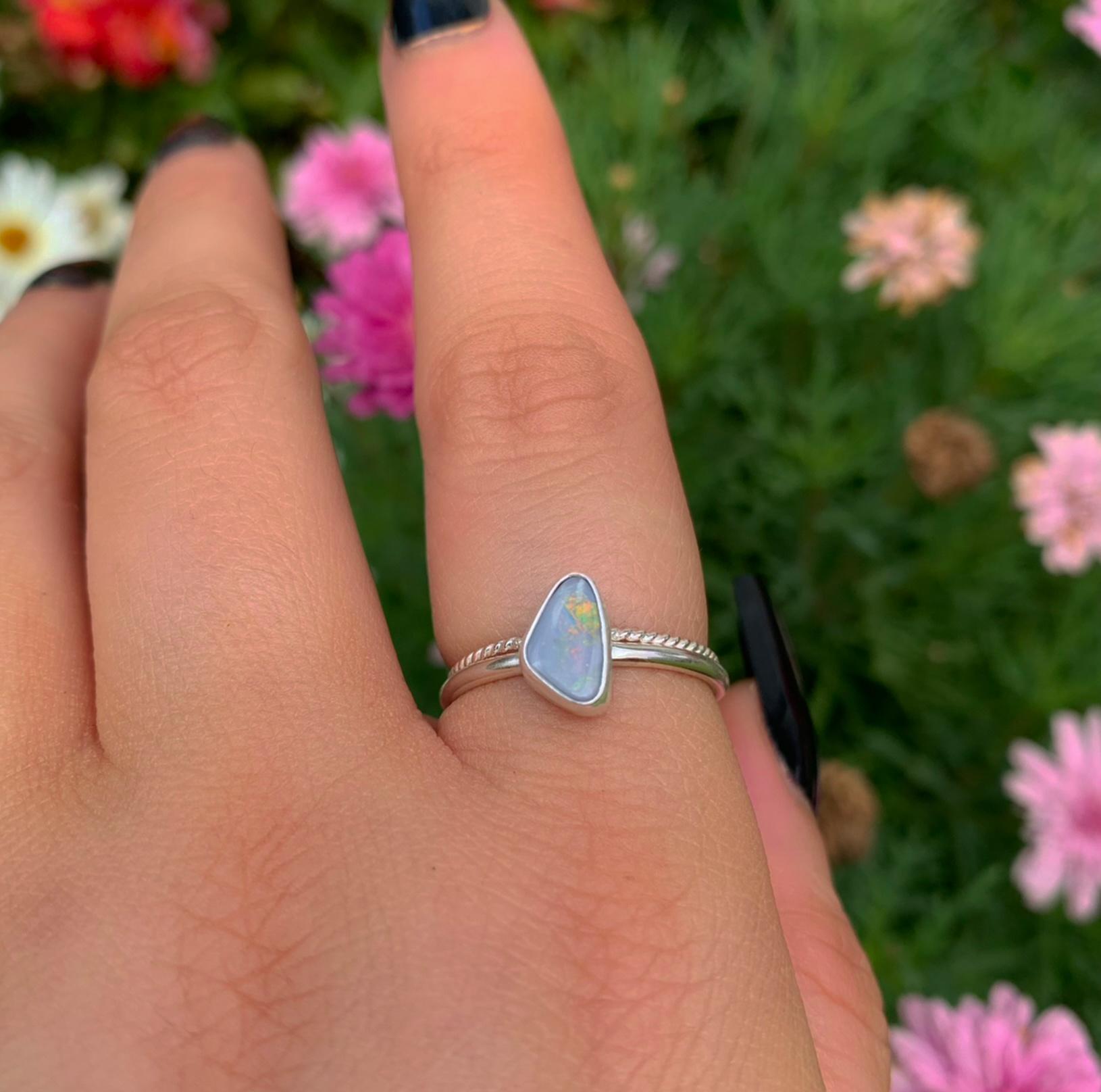 Australian Opal Ring Set - Size 7 1/2 to 7 3/4 - Sterling Silver - Lightning Ridge Opal Jewelry - Dainty Blue Opal Stacking Rings Stack