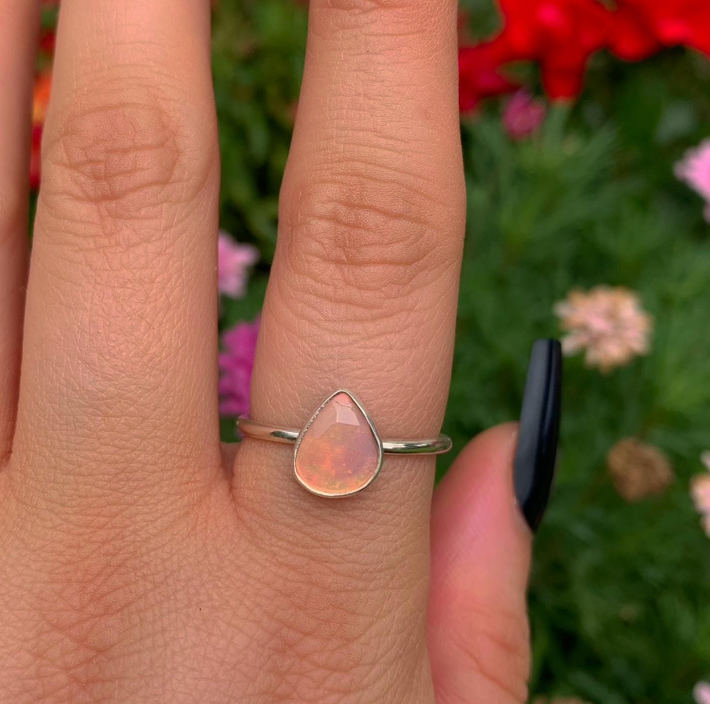 Rose Cut Peach-Pink Opal Ring - Size 9 - Sterling Silver - Ethically Sourced Ethiopian Opal Jewellery - Dainty Opal Stacking Ring Faceted