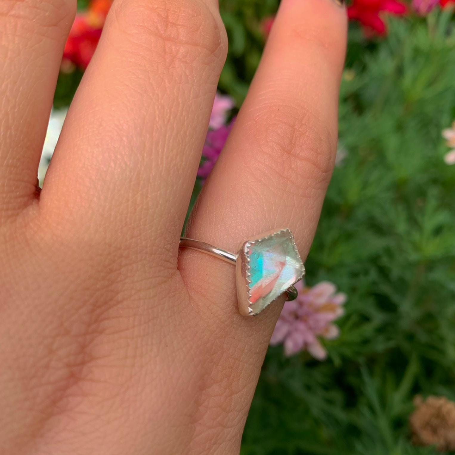 Angel Aura Quartz Ring - Size 9 - Sterling Silver - Kite Cut Angel Aura Quartz Jewellery