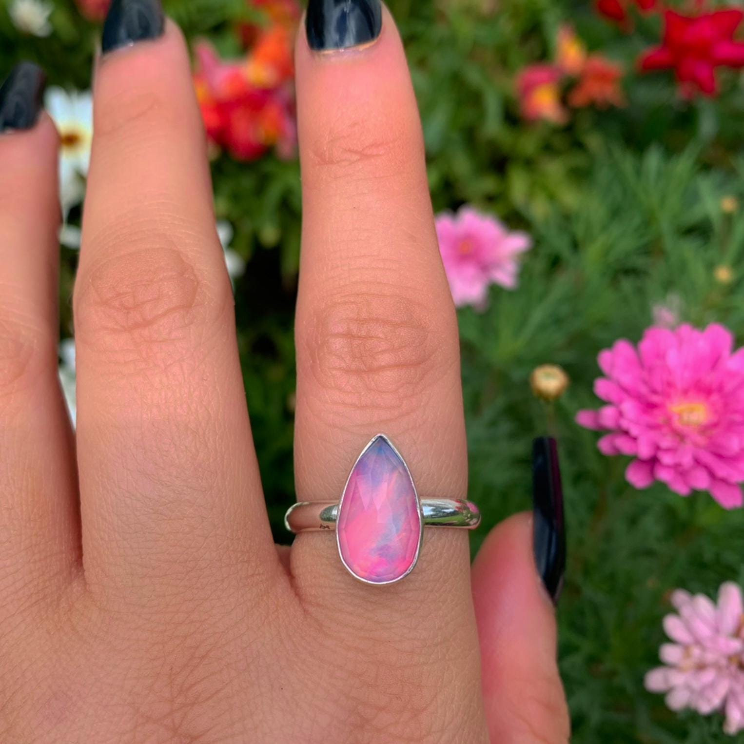 Rose Cut Clear Quartz & Aurora Opal Ring - Size 9 1/4 - Sterling Silver - Teardrop Pastel Rainbow Crystal Jewellery