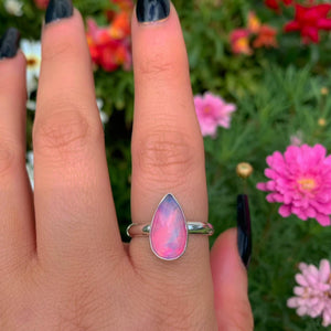 Rose Cut Clear Quartz & Aurora Opal Ring - Size 9 1/4 - Sterling Silver - Teardrop Pastel Rainbow Crystal Jewellery