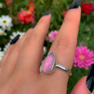 Rose Cut Clear Quartz & Aurora Opal Ring - Size 9 1/4 - Sterling Silver - Teardrop Pastel Rainbow Crystal Jewellery