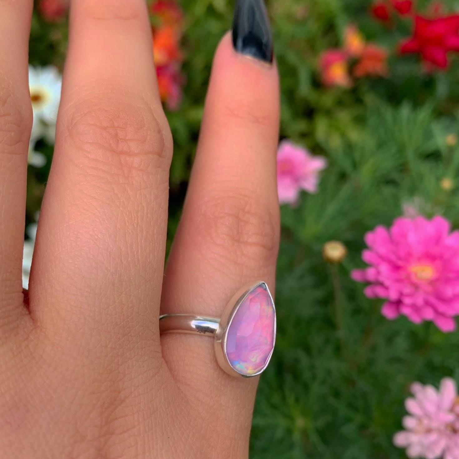 Rose Cut Clear Quartz & Aurora Opal Ring - Size 9 1/4 - Sterling Silver - Teardrop Pastel Rainbow Crystal Jewellery