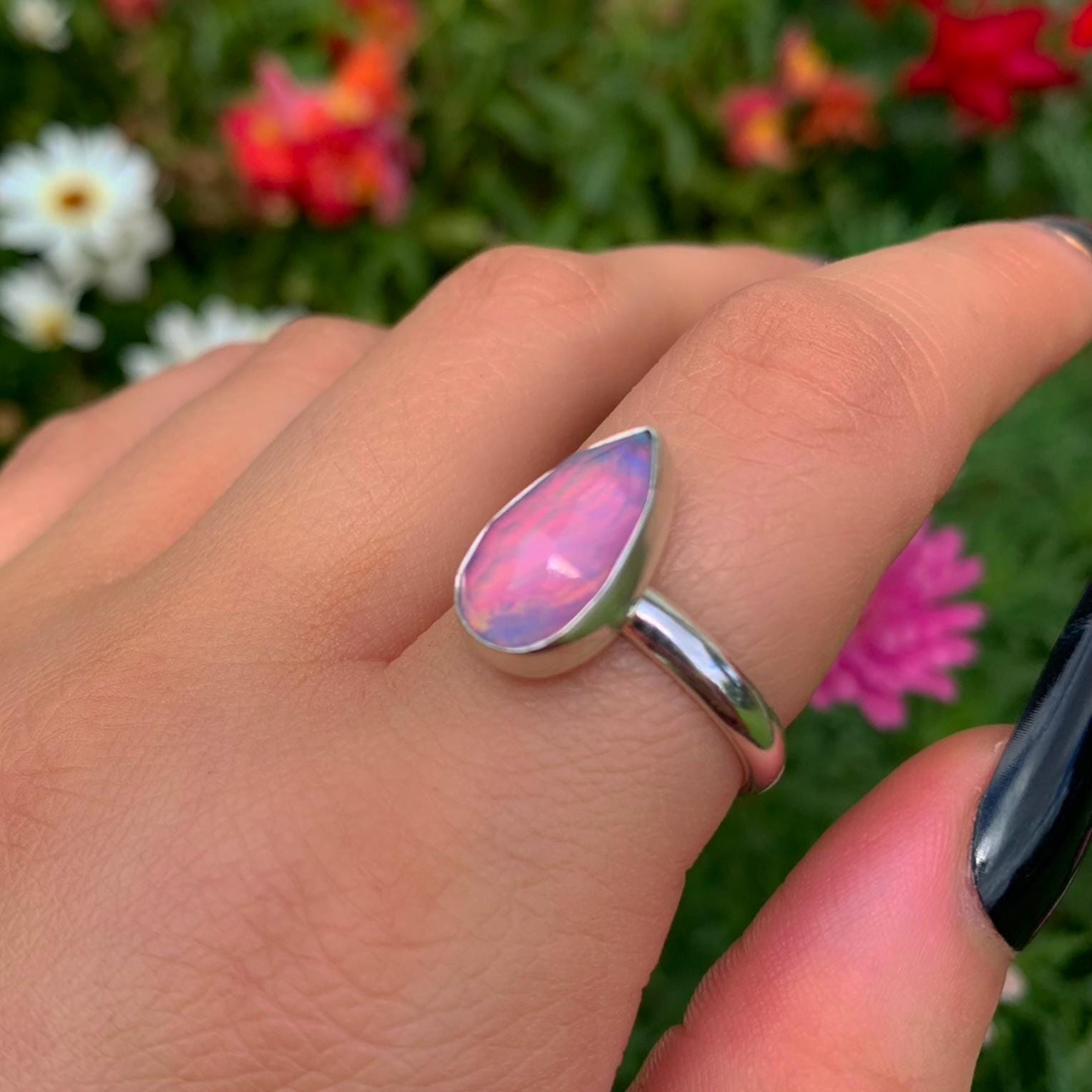 Rose Cut Clear Quartz & Aurora Opal Ring - Size 9 1/4 - Sterling Silver - Teardrop Pastel Rainbow Crystal Jewellery