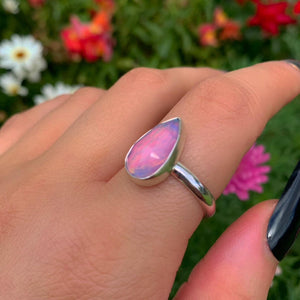 Rose Cut Clear Quartz & Aurora Opal Ring - Size 9 1/4 - Sterling Silver - Teardrop Pastel Rainbow Crystal Jewellery