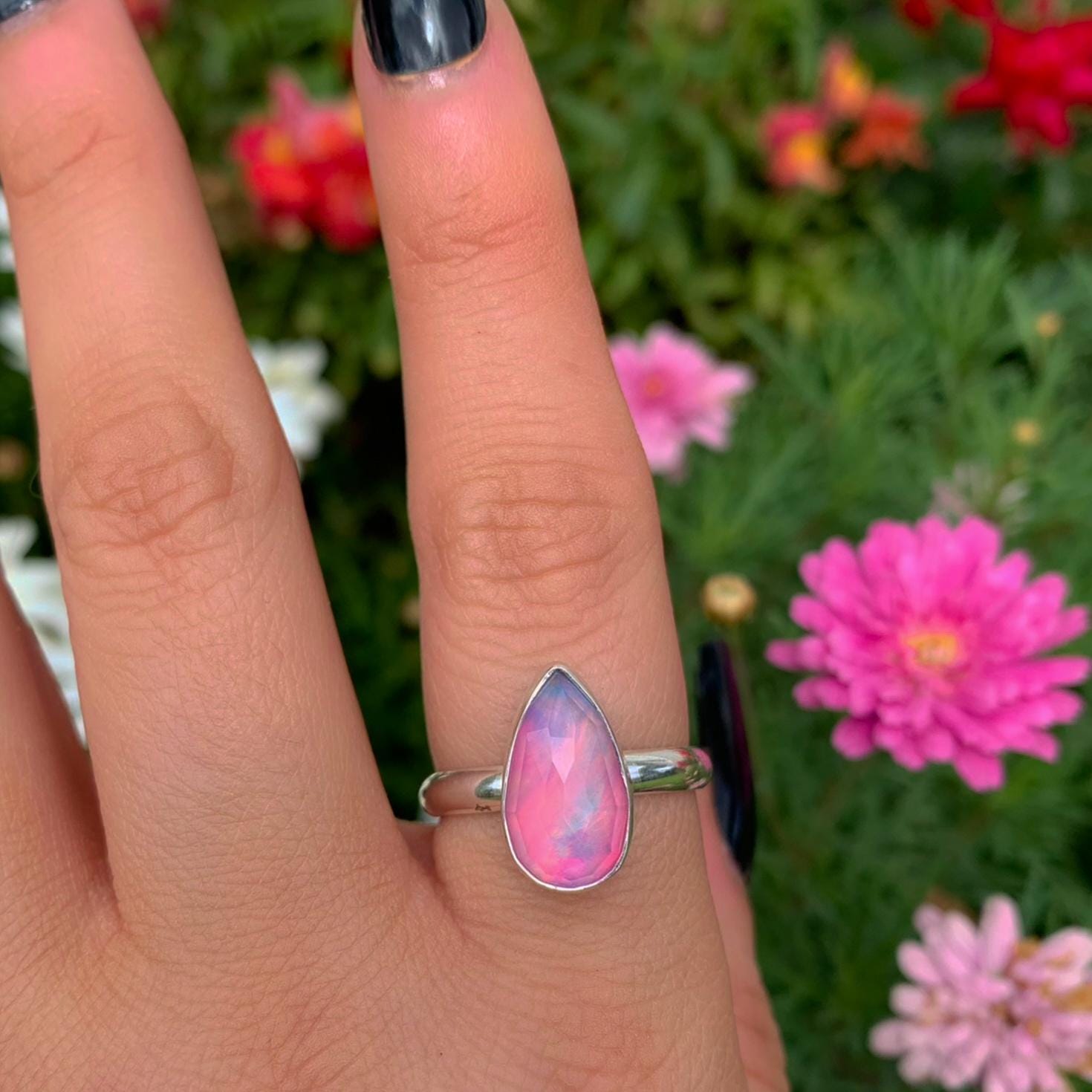Rose Cut Clear Quartz & Aurora Opal Ring - Size 9 1/4 - Sterling Silver - Teardrop Pastel Rainbow Crystal Jewellery