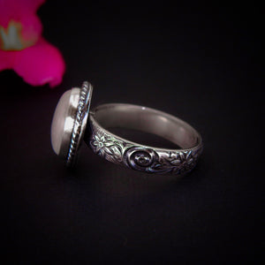 Moonstone Ring - Size 10 1/4 - Sterling Silver - Oval Rainbow Moonstone Jewelry - Thick Floral Ring Band