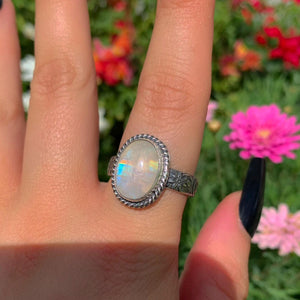 Moonstone Ring - Size 10 1/4 - Sterling Silver - Oval Rainbow Moonstone Jewelry - Thick Floral Ring Band