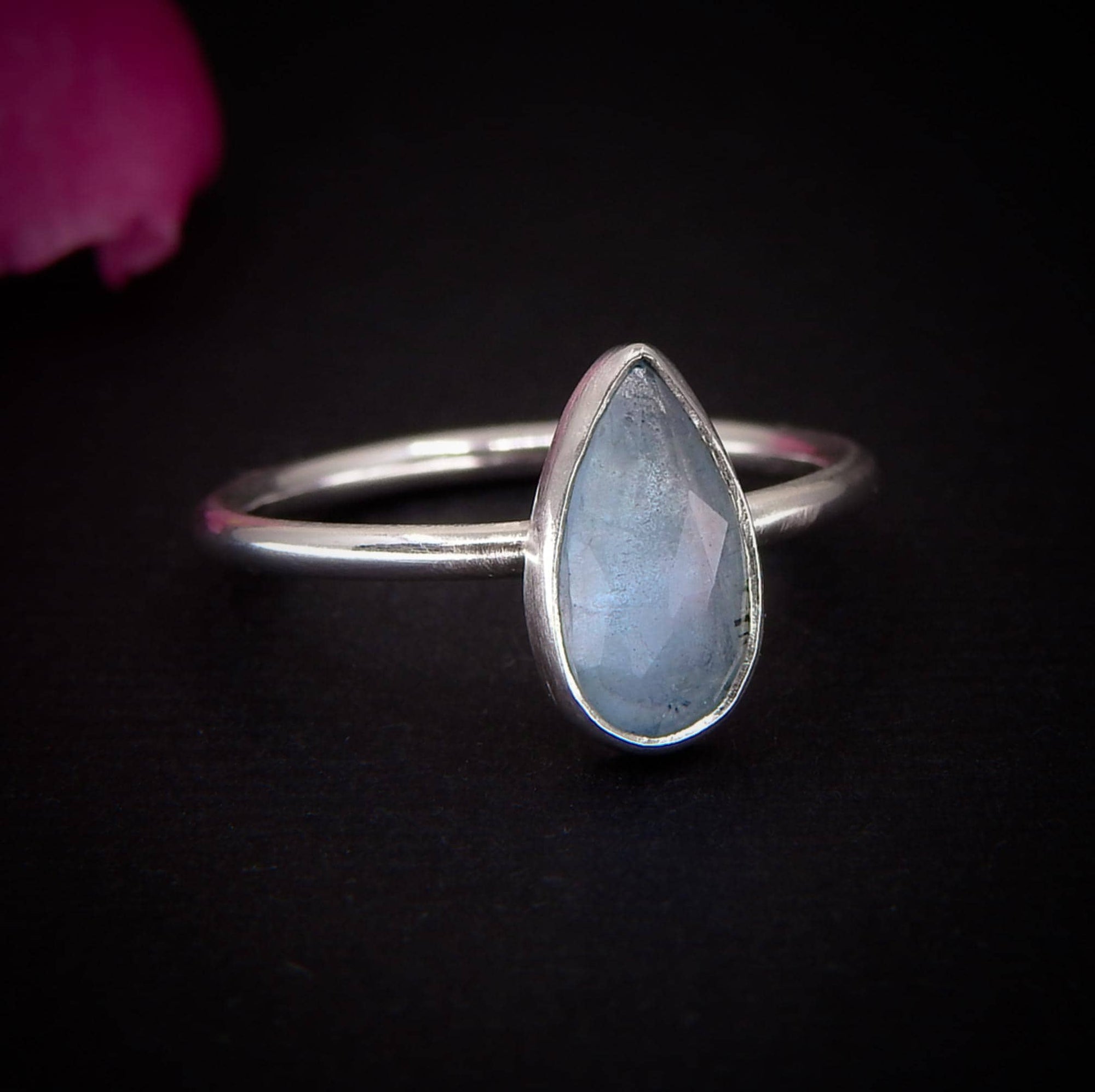 Rose Cut Aquamarine Ring - Size 6 - Sterling Silver - Dainty Teardrop Blue Aquamarine Jewellery