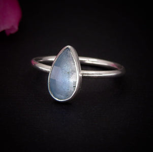 Rose Cut Aquamarine Ring - Size 6 - Sterling Silver - Dainty Teardrop Blue Aquamarine Jewellery