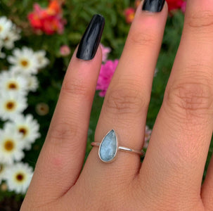 Rose Cut Aquamarine Ring - Size 6 - Sterling Silver - Dainty Teardrop Blue Aquamarine Jewellery