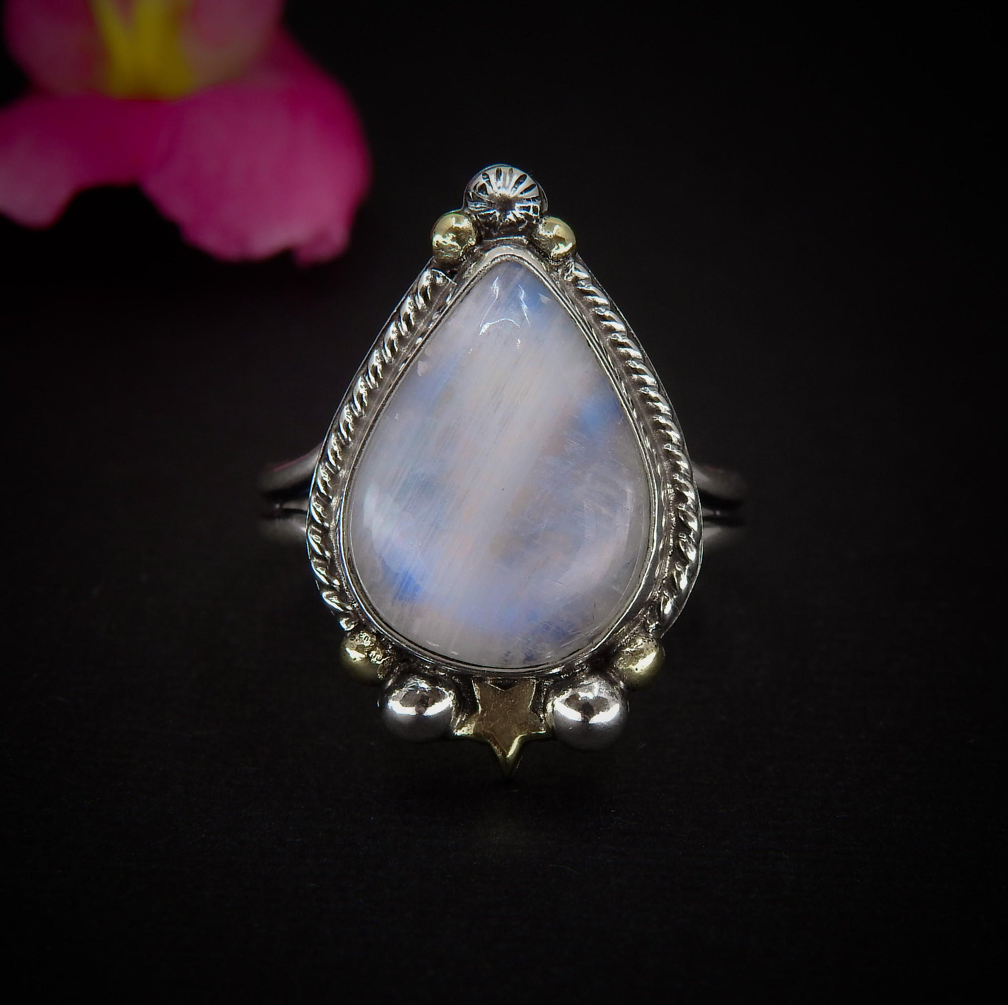 Moonstone Ring - Size 11 to 11 1/4 - Sterling Silver - Rainbow Moonstone Star Jewelry