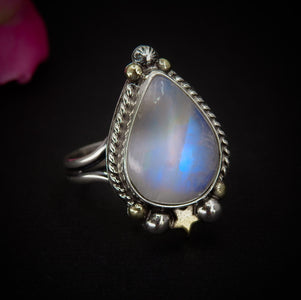 Moonstone Ring - Size 11 to 11 1/4 - Sterling Silver - Rainbow Moonstone Star Jewelry