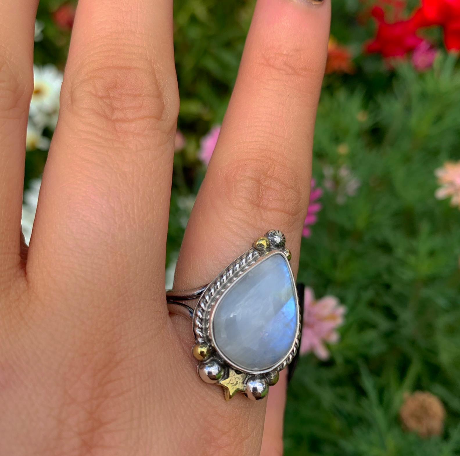 Moonstone Ring - Size 11 to 11 1/4 - Sterling Silver - Rainbow Moonstone Star Jewelry
