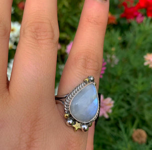 Moonstone Ring - Size 11 to 11 1/4 - Sterling Silver - Rainbow Moonstone Star Jewelry