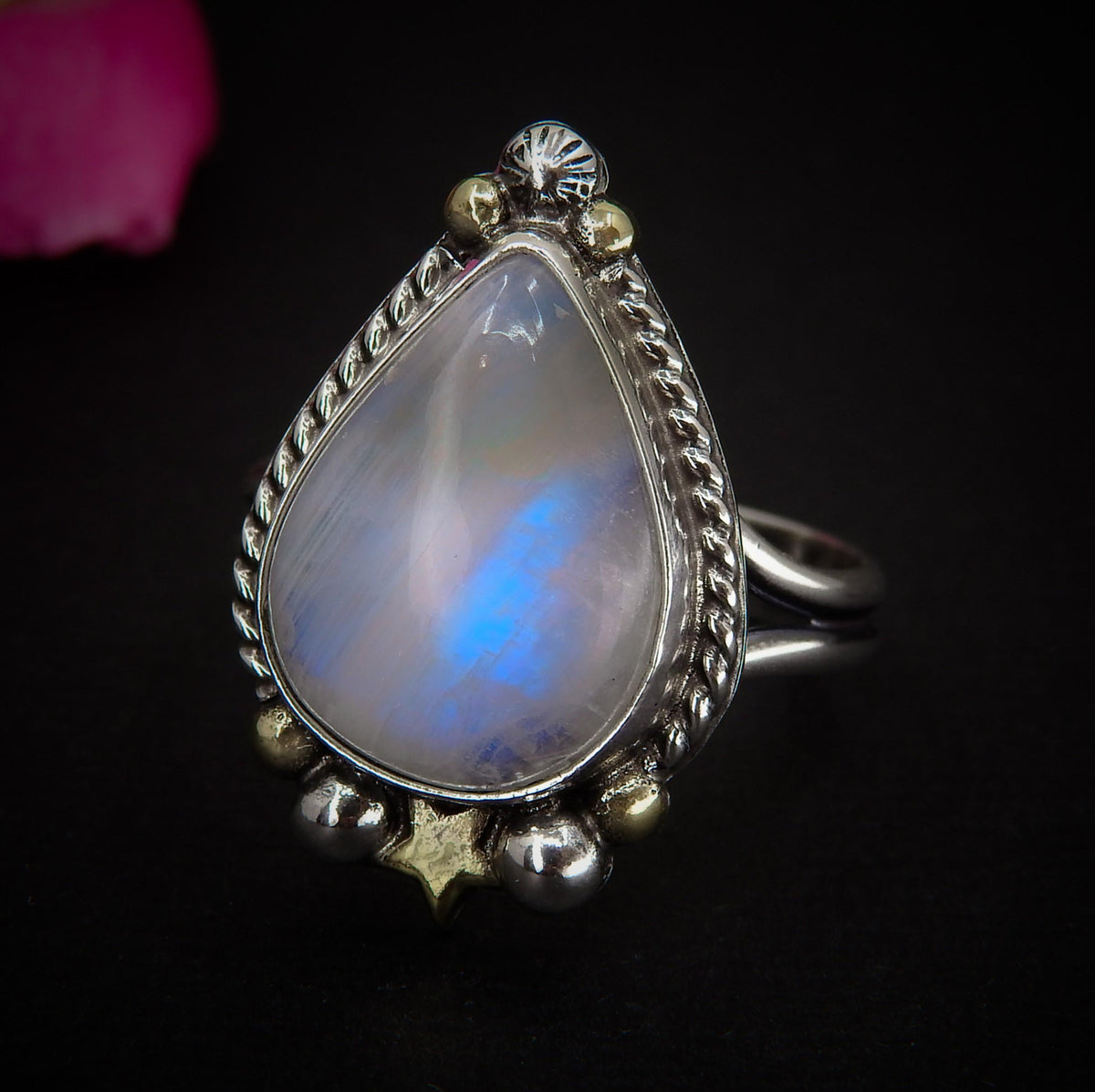 Moonstone Ring - Size 11 to 11 1/4 - Sterling Silver - Rainbow Moonstone Star Jewelry
