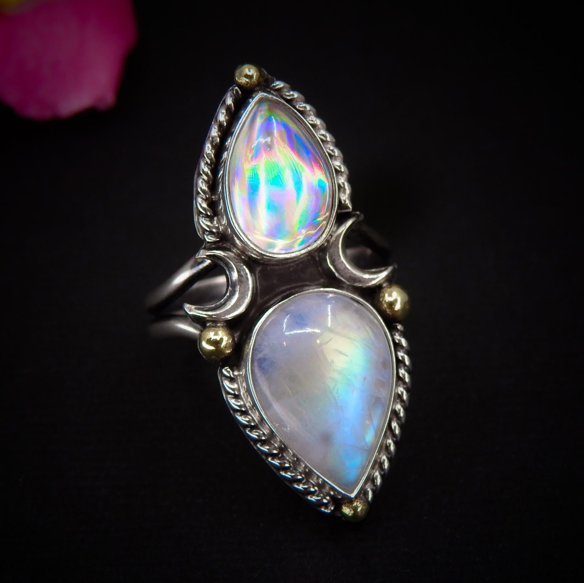 Moonstone & Angel Aura Quartz Ring - Size 8 - Sterling Silver - Celestial Moon Rainbow Crystal Jewellery