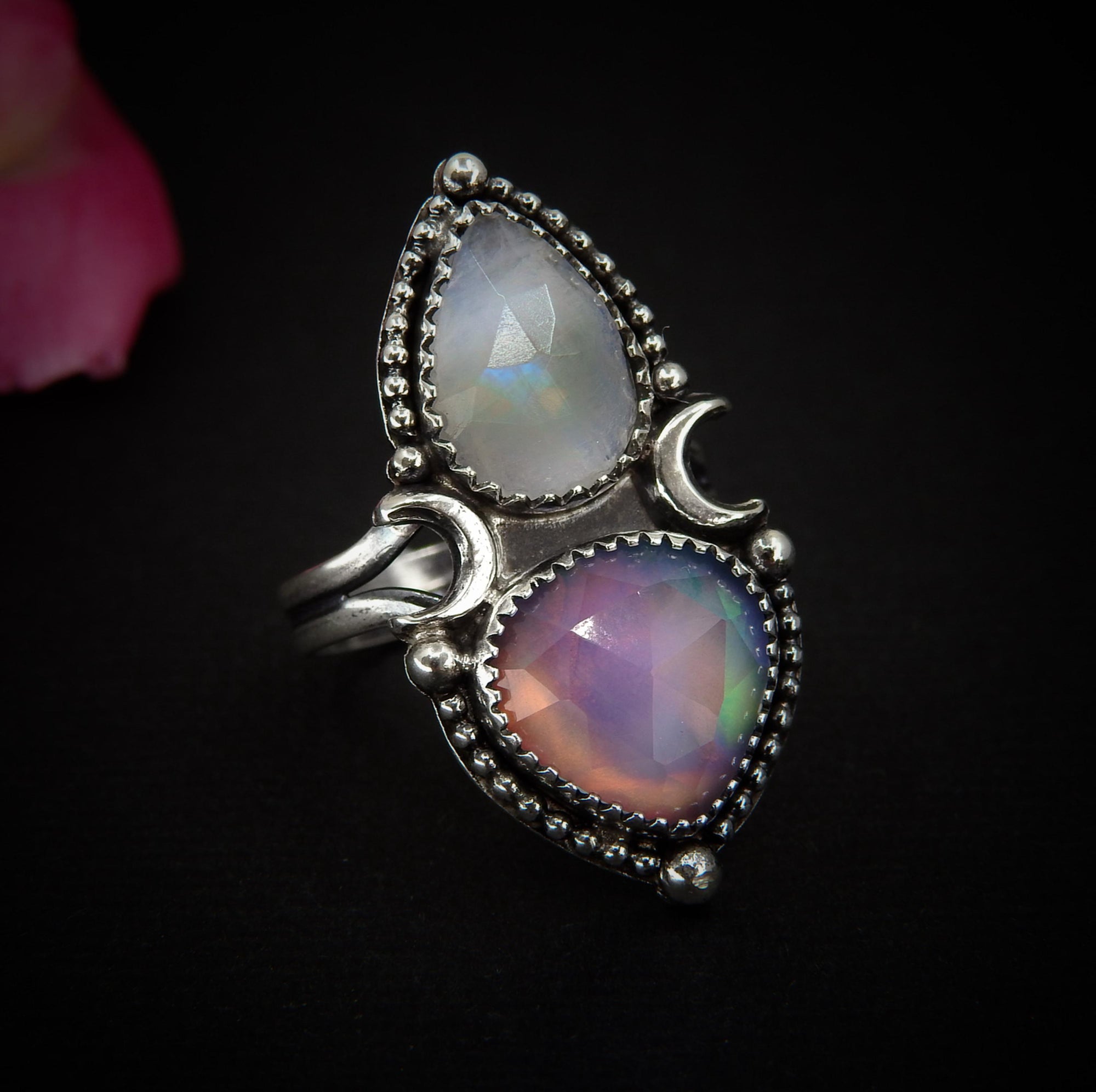 Rose Cut Clear Quartz with Aurora Opal & Moonstone Ring - Size 7 1/4 - Sterling Silver - Rainbow Opal Crescent Moon Celestial Jewelry