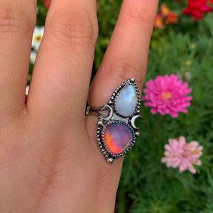 Rose Cut Clear Quartz with Aurora Opal & Moonstone Ring - Size 7 1/4 - Sterling Silver - Rainbow Opal Crescent Moon Celestial Jewelry