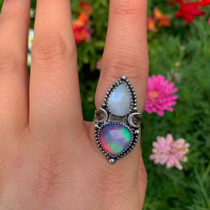 Rose Cut Clear Quartz with Aurora Opal & Moonstone Ring - Size 7 1/4 - Sterling Silver - Rainbow Opal Crescent Moon Celestial Jewelry