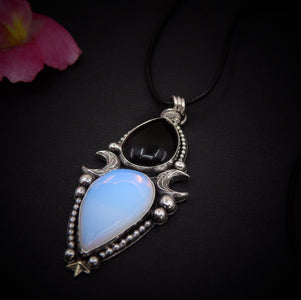 Black Onyx & Opalite Pendant - Sterling Silver - Crescent Moon Celestial Jewellery