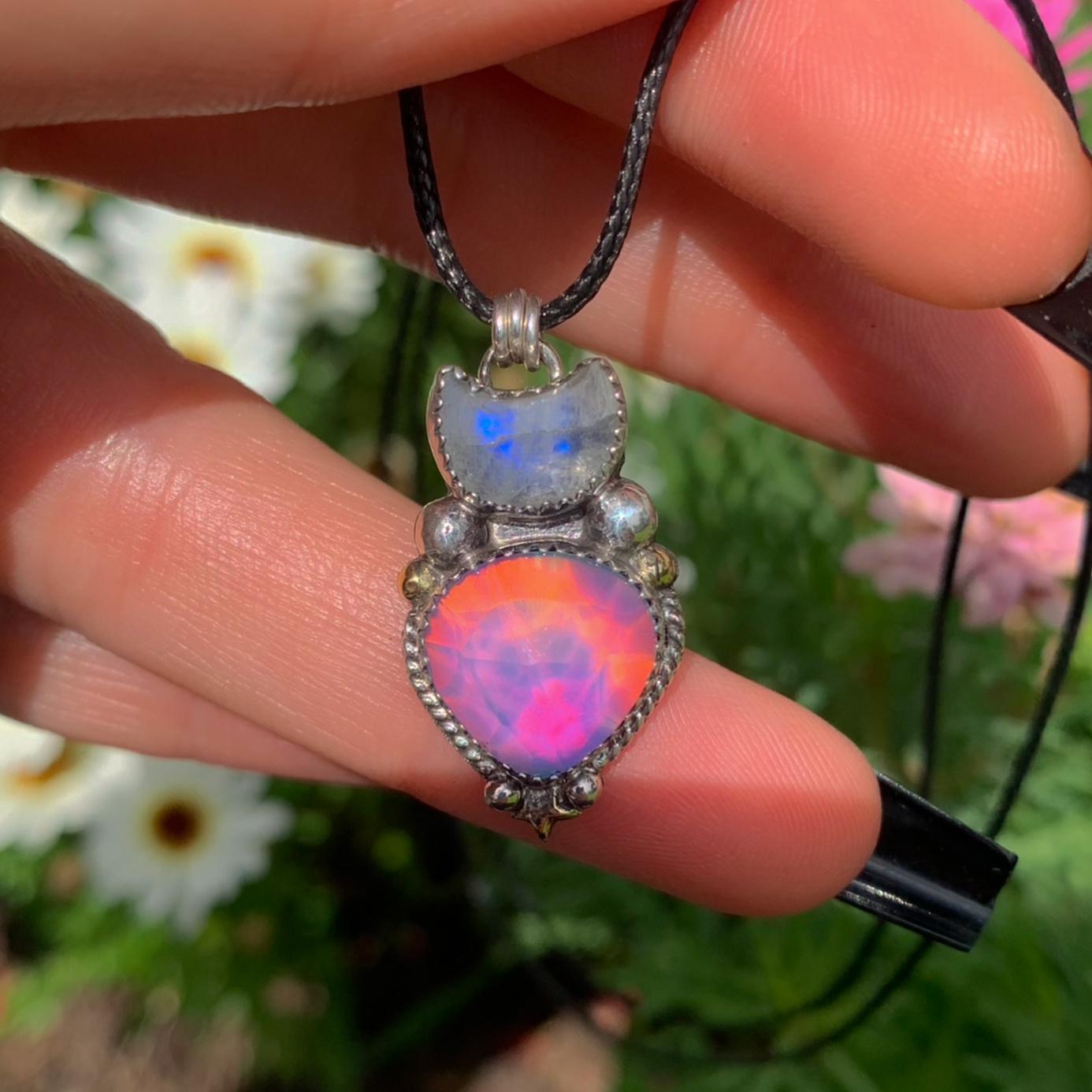 Moonstone & Rose Cut Clear Quartz with Aurora Opal Pendant - Sterling Silver - Crescent Moon Celestial Jewellery