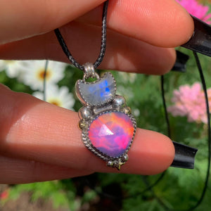 Moonstone & Rose Cut Clear Quartz with Aurora Opal Pendant - Sterling Silver - Crescent Moon Celestial Jewellery