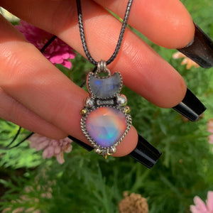 Moonstone & Rose Cut Clear Quartz with Aurora Opal Pendant - Sterling Silver - Crescent Moon Celestial Jewellery