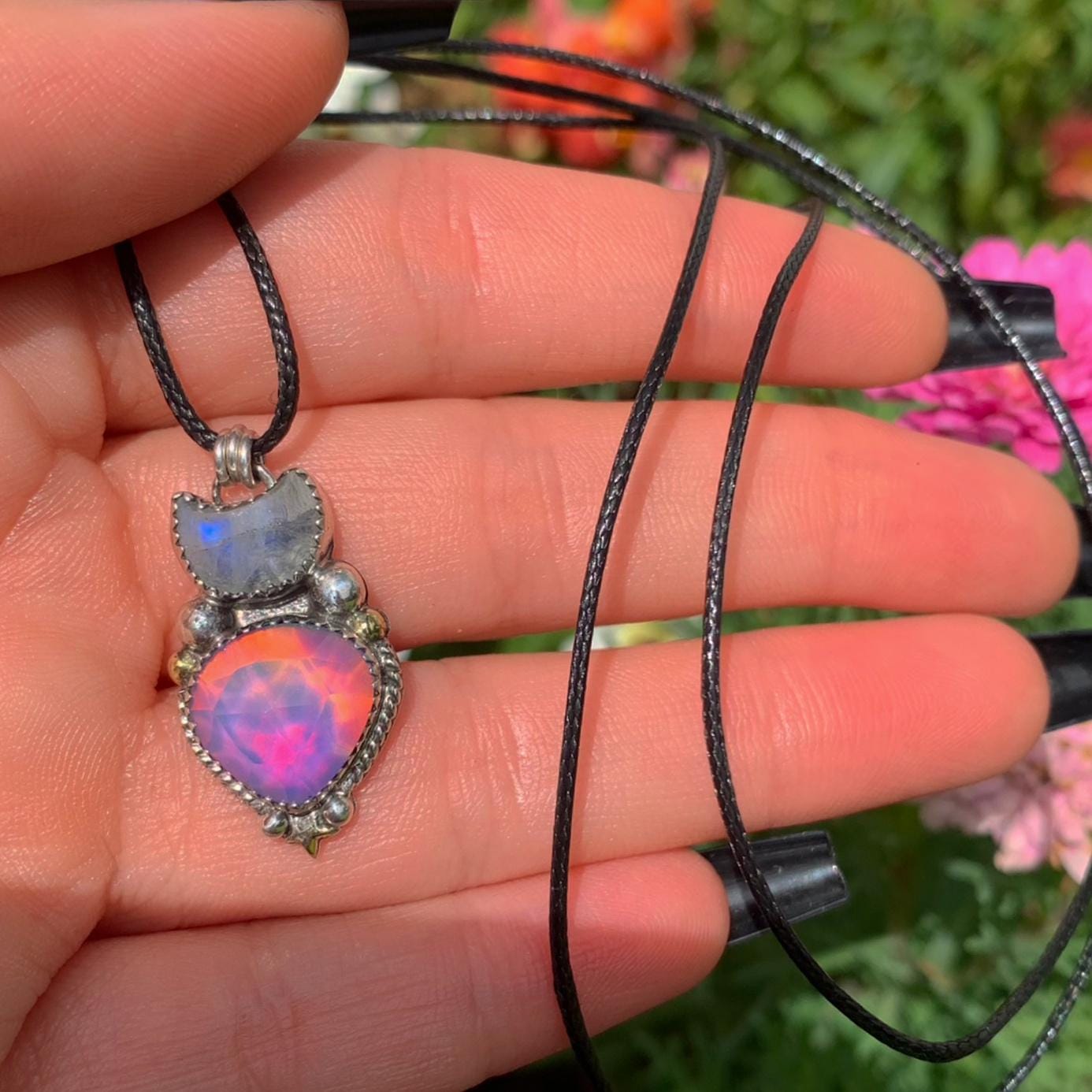 Moonstone & Rose Cut Clear Quartz with Aurora Opal Pendant - Sterling Silver - Crescent Moon Celestial Jewellery